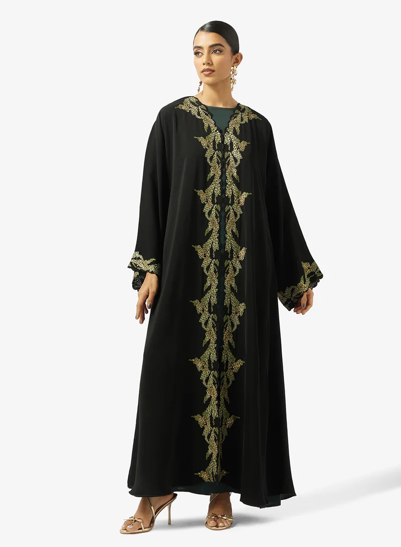 hayas closet  Black Embroidered Abaya With Sheila for Women | Best Price UAE
